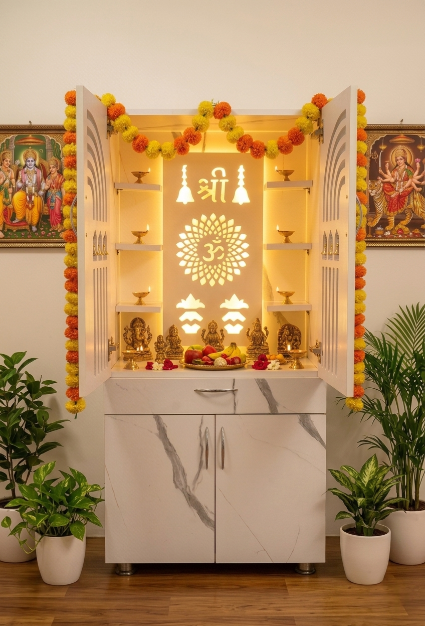Premium Wooden Mandir for Home with LED Shree Om Panel & Hanging Bells | Modern White Pooja Cabinet with Storage