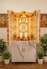 Premium Wooden Mandir for Home with LED Shree Om Panel & Hanging Bells | Modern White Pooja Cabinet with Storage