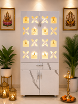 Premium Wooden Mandir for Home with LED Om Swastik Panel & Designer Bell Doors | Modern White Pooja Cabinet with Storage