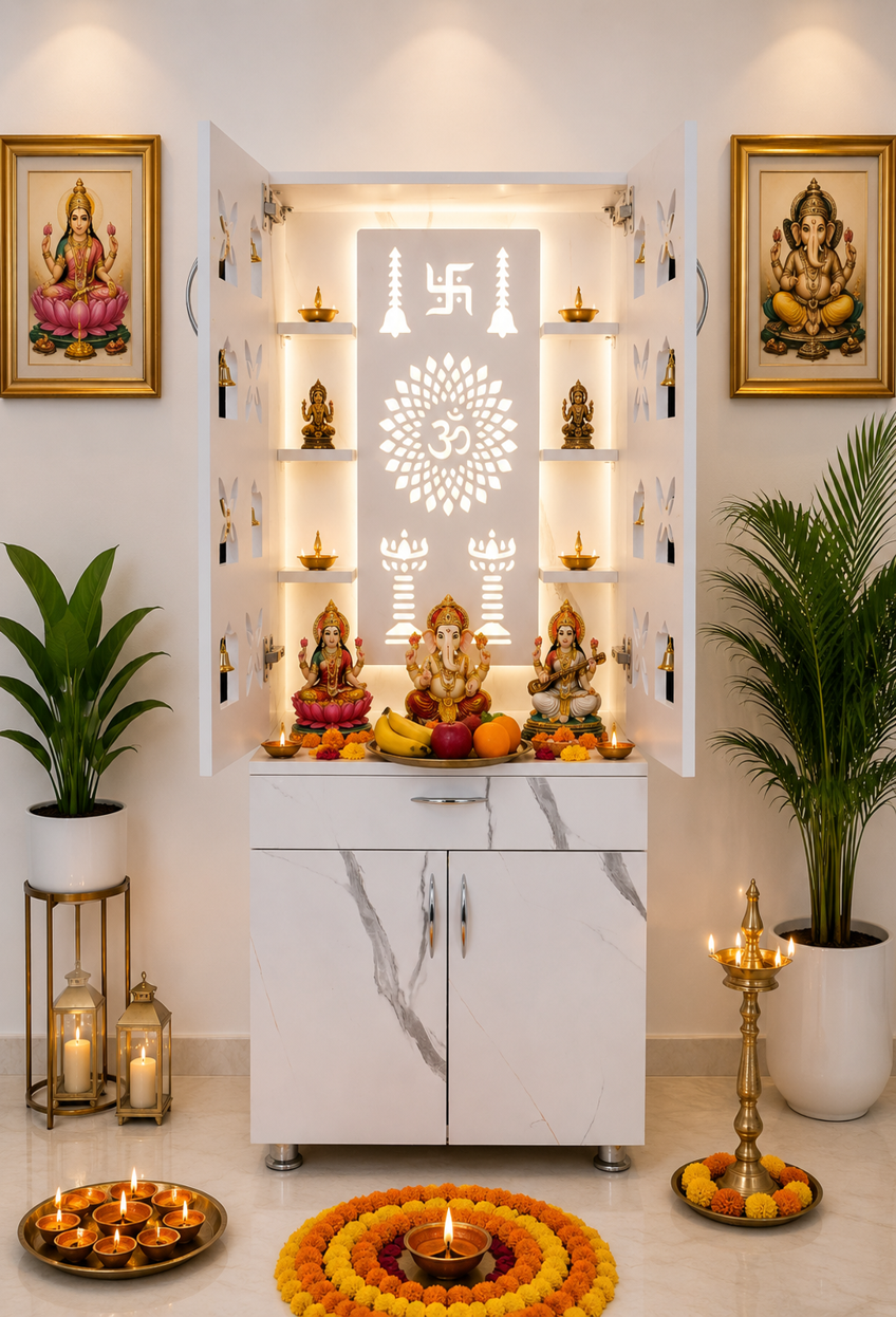 Premium Wooden Mandir for Home with LED Om Swastik Panel & Designer Bell Doors | Modern White Pooja Cabinet with Storage