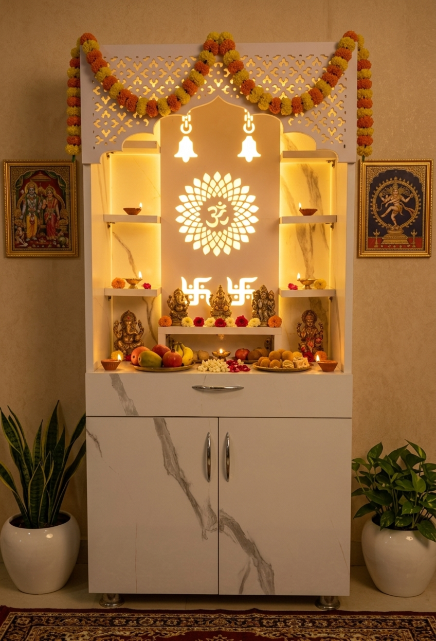 Modern Wooden Mandir with LED Light – White & Brown Finish Temple for Home (130x60x34 cm) | Pooja Mandir with Storage Cabinet