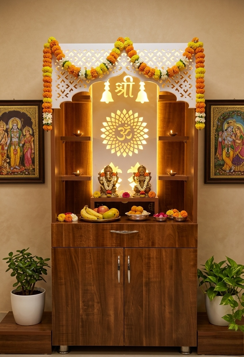 LED Wooden Mandir for Home – White & Brown Finish Temple with Shri Om Design (130x60x34 cm) | Modern Pooja Mandir with Storage