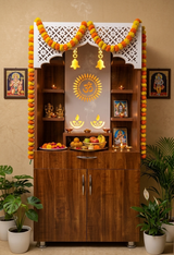 Luxury LED Pooja Mandir for Home – White Marble & Brown Wooden Finish Temple with Storage (130x60x34 cm)
