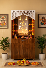 Ganesh LED Wooden Mandir for Home – White & Brown Finish Temple with Storage Cabinet (130x60x34 cm)
