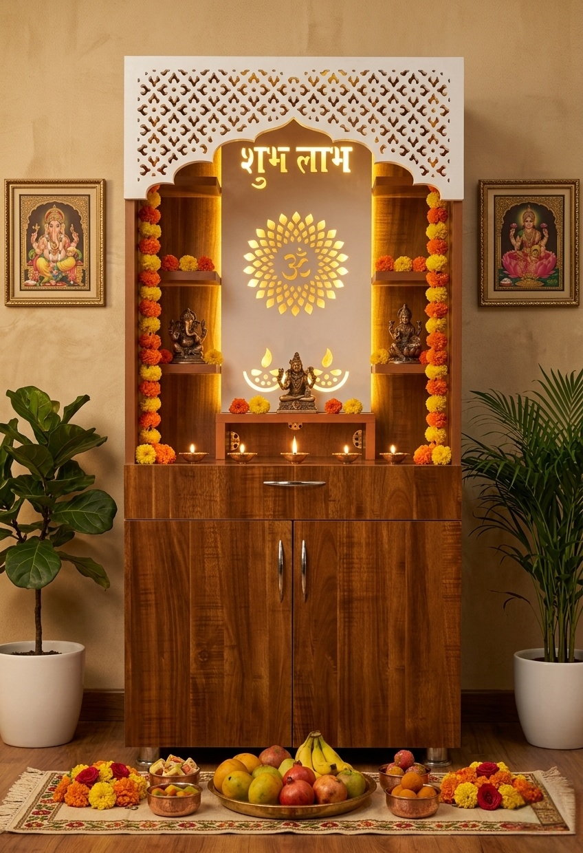 Premium Shubh Labh Wooden Mandir with LED Light – White & Brown Home Temple with Storage (130x60x34 cm)