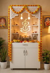 White Wooden Temple for Home with LED Light | Modern Pooja Mandir with Storage | 130x60x34 cm | The Mandir Company
