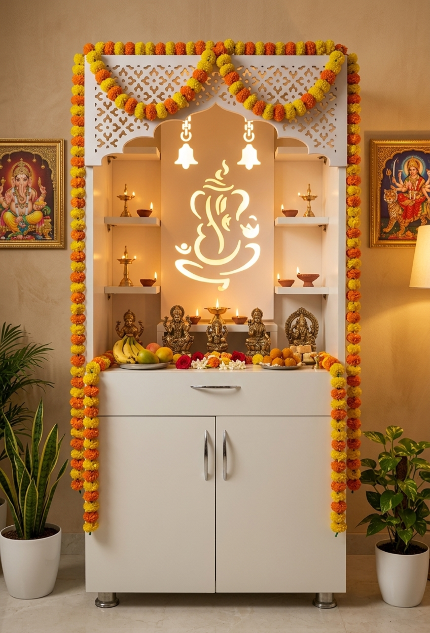 White Wooden Temple for Home with LED Light | Modern Pooja Mandir with Storage | 130x60x34 cm | The Mandir Company
