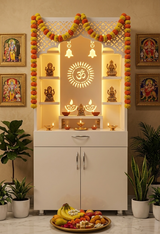 White Wooden Temple for Home with LED Om Design | Modern Pooja Mandir with Storage | 130x60x34 cm | The Mandir Company