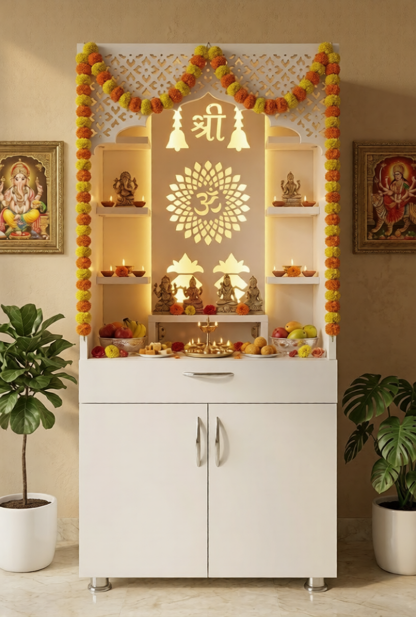 White wooden temple for home with LED Shree and Om lotus design by The Mandir Company