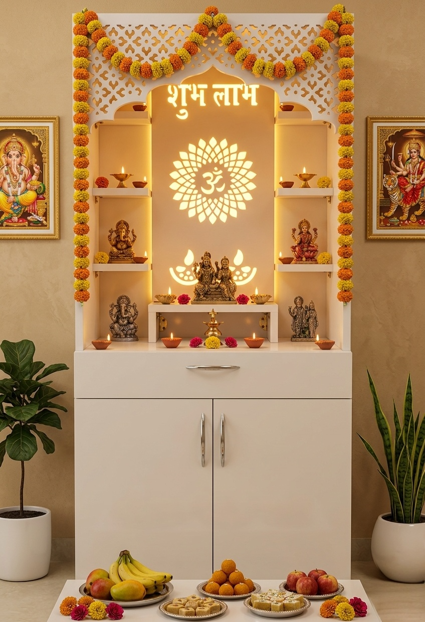White Wooden Mandir with LED Light & Shubh Labh Design – 130x60x34 cm | Modern Pooja Temple with Storage