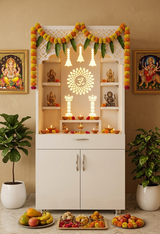 Modern White Wooden Mandir with LED Light & Bell Design – 130x60x34 cm | Home Temple with Storage Cabinet