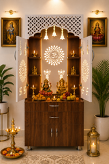 Wooden Home Mandir with LED Light & Storage Drawers – White, Brown & Black Temple Unit (145x60x34 cm) Modern Pooja Cabinet
