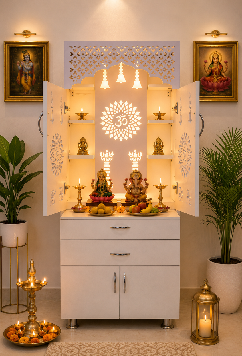 Wooden Home Mandir with LED Light & Storage Drawers – White, Brown & Black Temple Unit (145x60x34 cm) Modern Pooja Cabinet