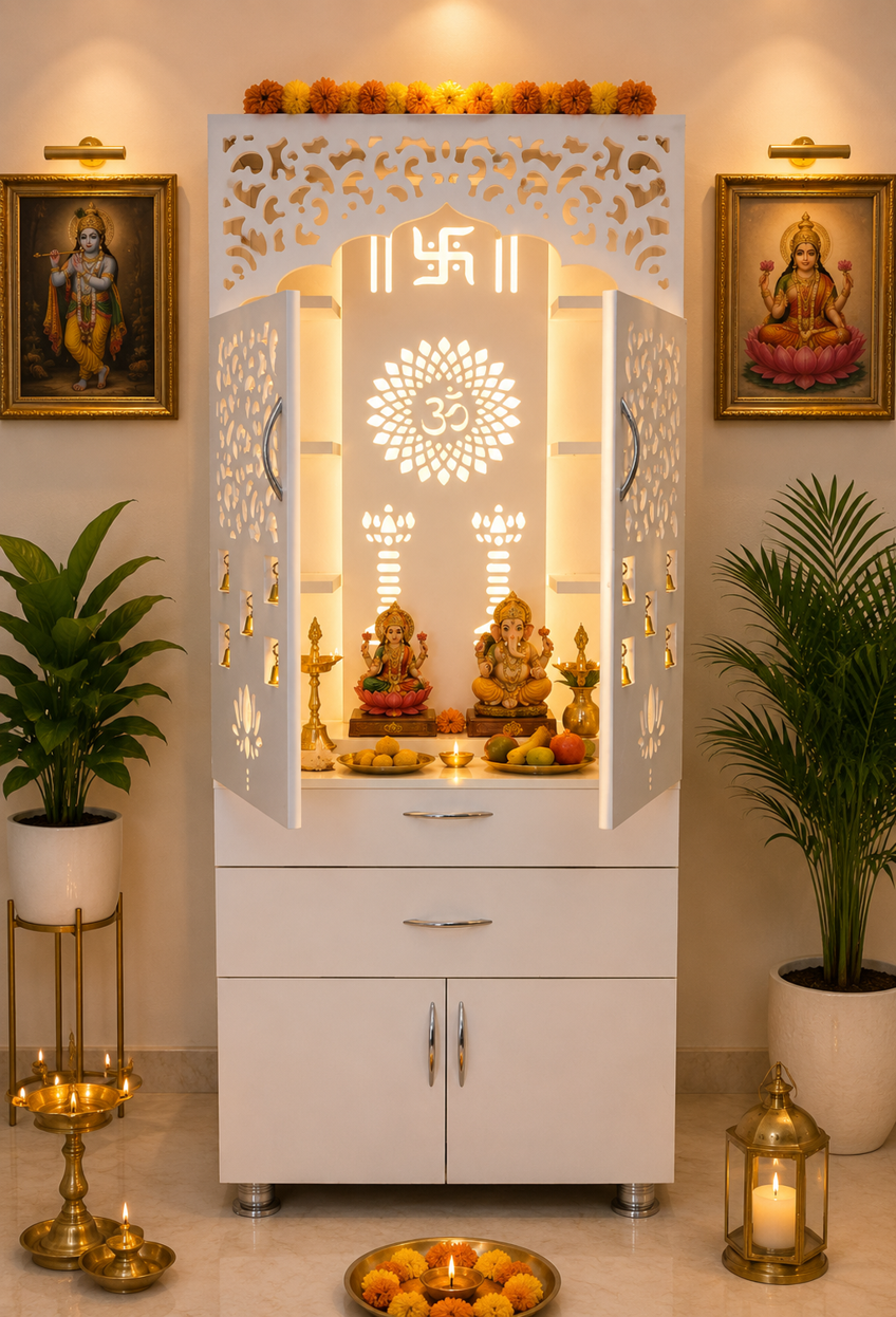 White Wooden Pooja Mandir with LED Light & Storage | Modern Home Temple Cabinet with Drawer & Shelves