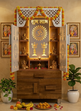 LED Backlit Wooden Mandir with Doors & Drawer Storage | White & Brown Pooja Temple Unit (130x60x34 cm)