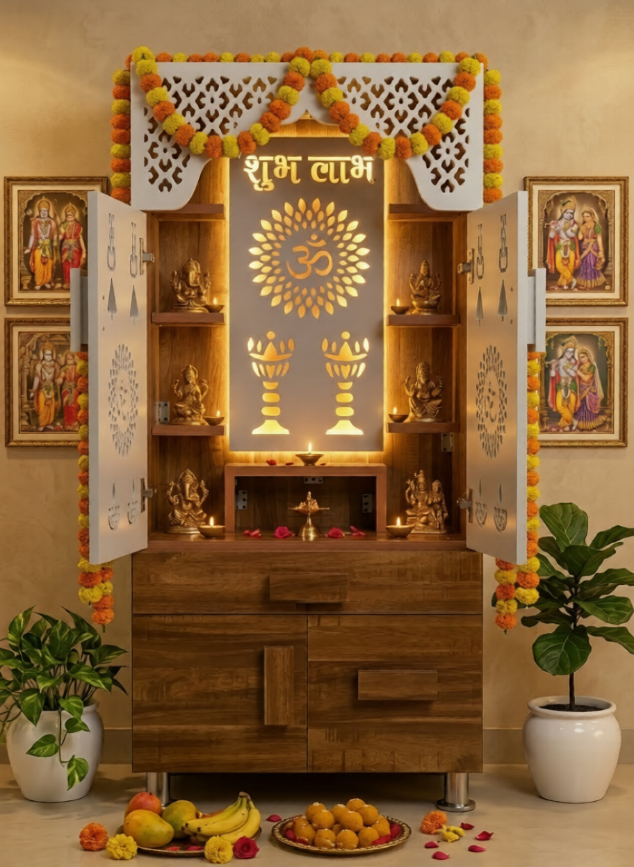 LED Backlit Wooden Mandir with Doors & Drawer Storage | White & Brown Pooja Temple Unit (130x60x34 cm)