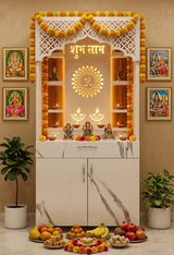 White Marble Finish Mandir with LED Light & Shubh Labh Design – 130x60x34 cm | Modern Wooden Temple for Home with Storage
