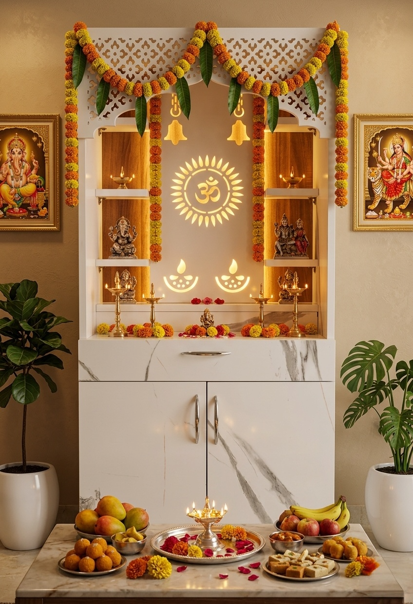 White Marble Finish Wooden Mandir with LED Om Sun Design – 130x60x34 cm | Modern Wooden Temple for Home with Storage