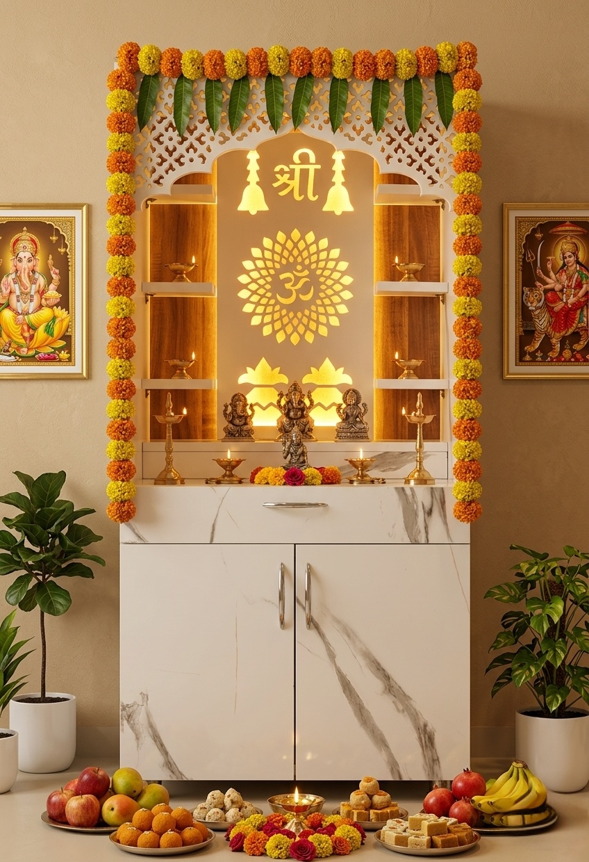 Luxury White Marble Wooden Temple with LED Back Panel – Shri Om Design Temple for Home (130x60x34 cm)