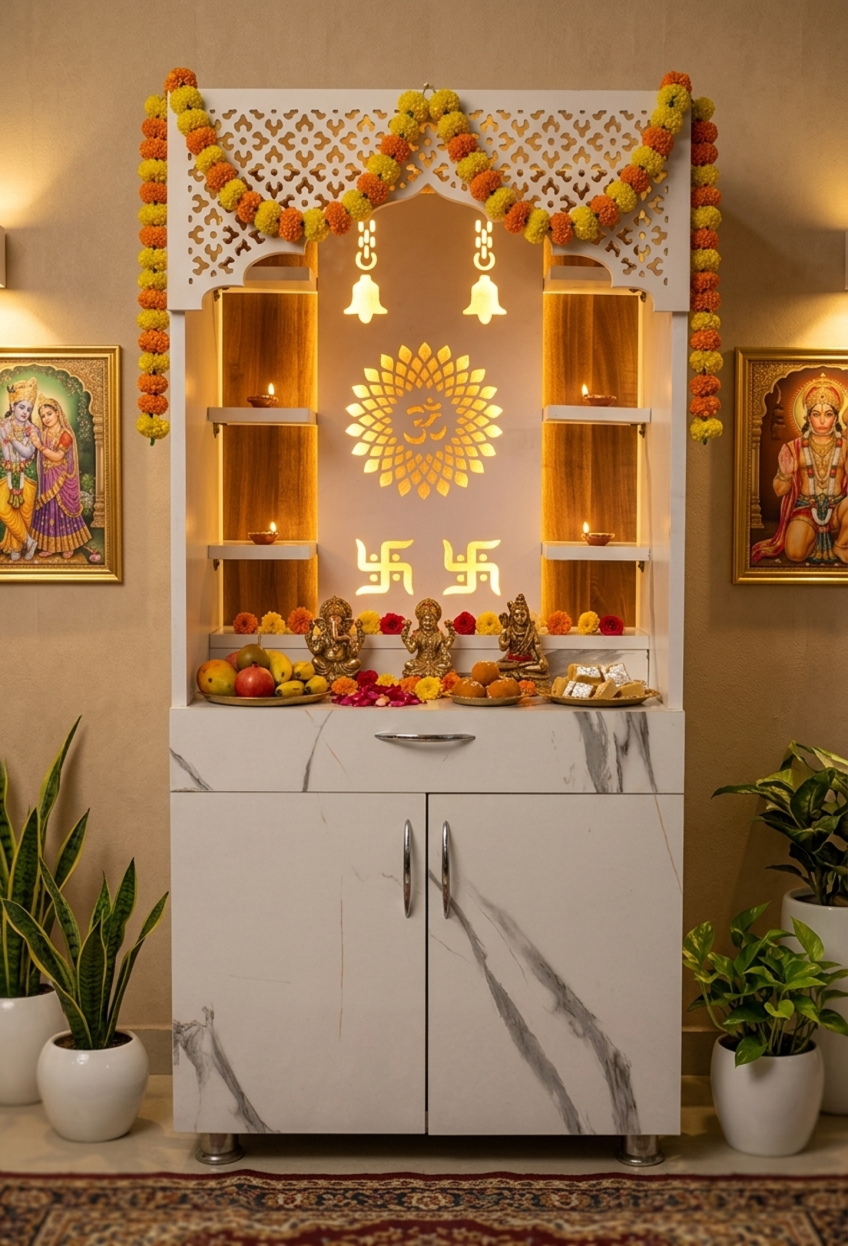 Modern Wooden Temple for Home with Storage | White Marble Finish Mandir with LED Om & Swastik Design – 130x60x34 cm