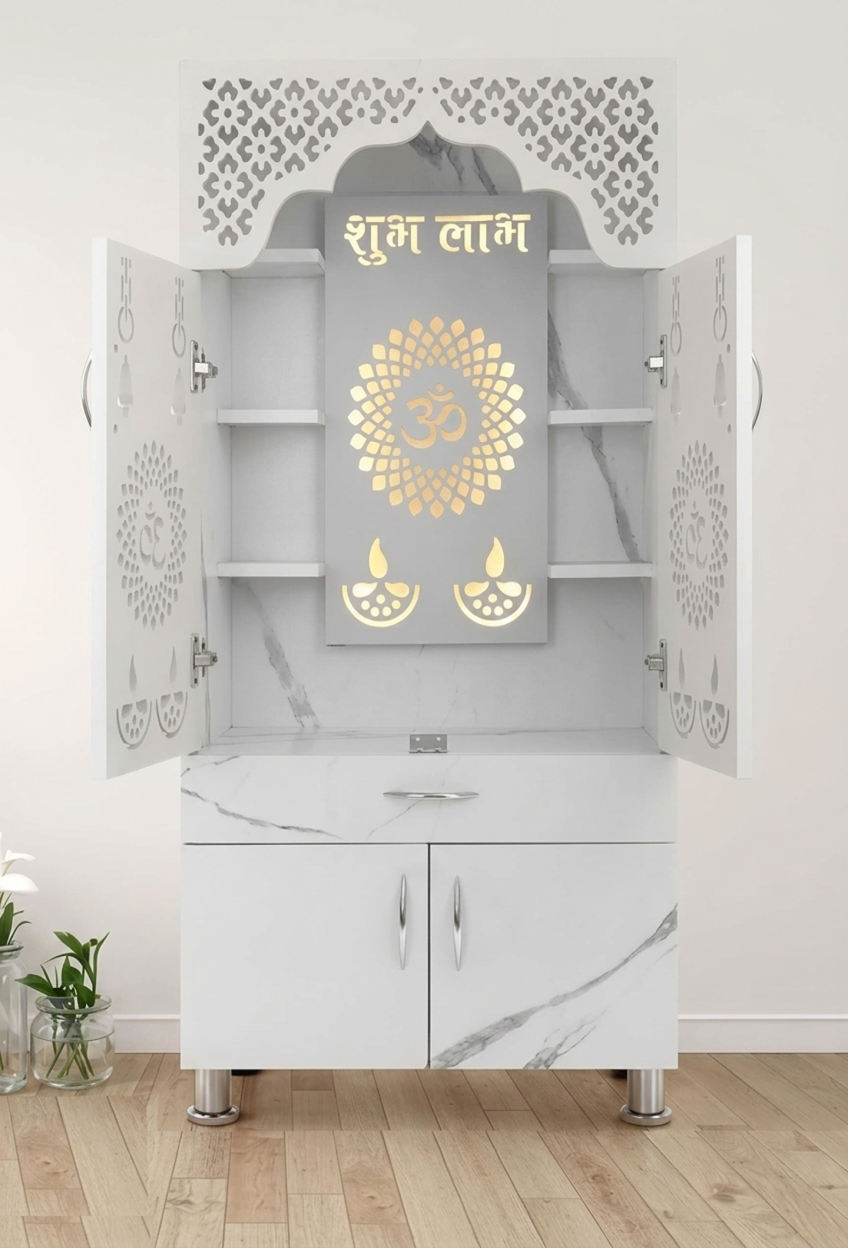 Designer Wooden Mandir with LED Light – White, Brown & Black Temple for Home with Storage Unit (130 cm Height)